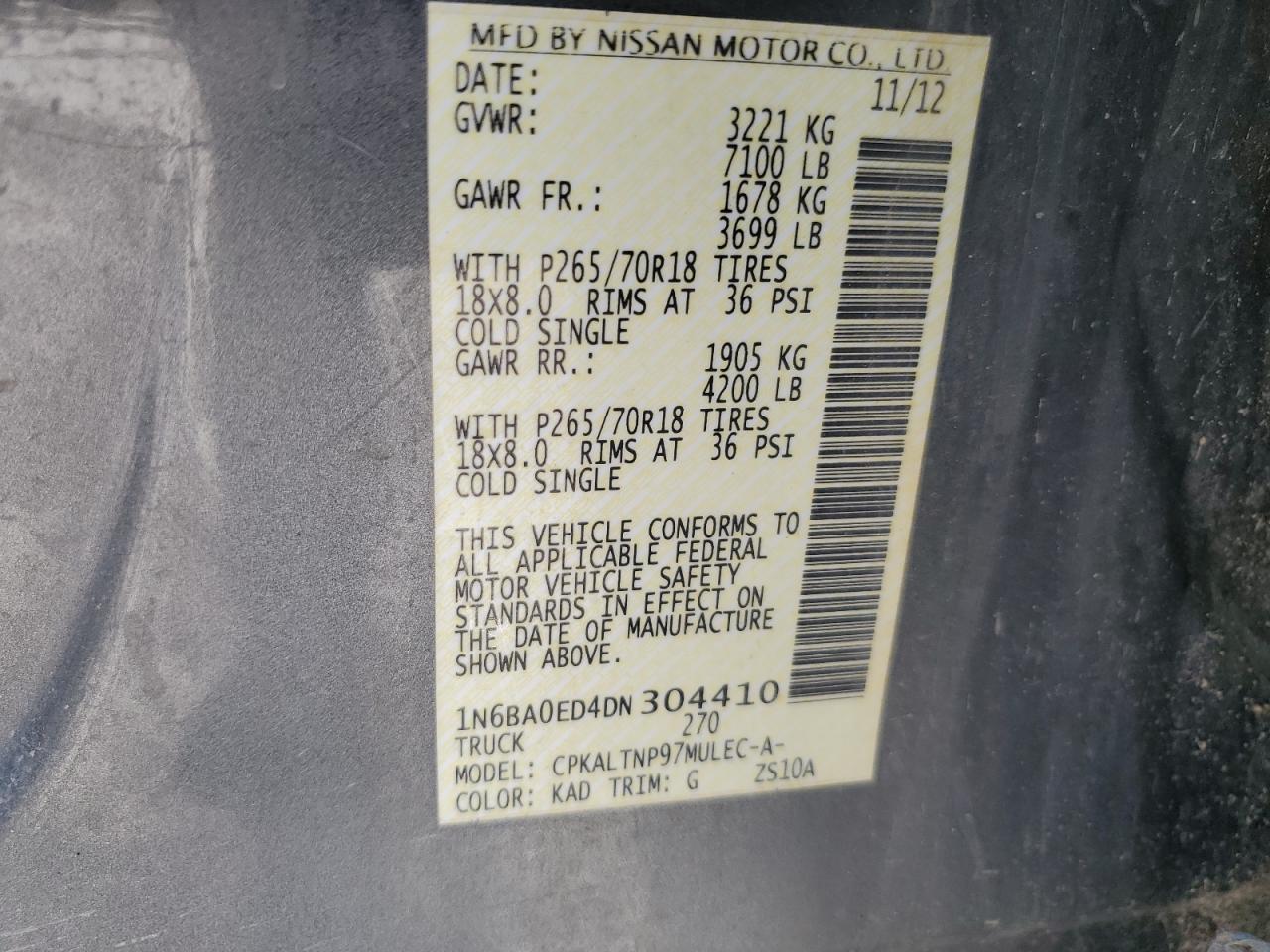 2013 Nissan Titan S VIN: 1N6BA0ED4DN304410 Lot: 63094385