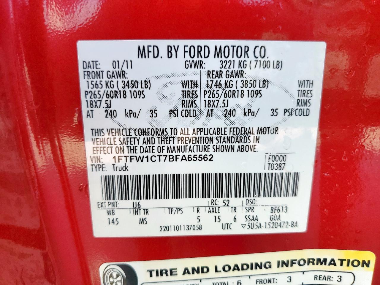 1FTFW1CT7BFA65562 2011 Ford F150 Supercrew