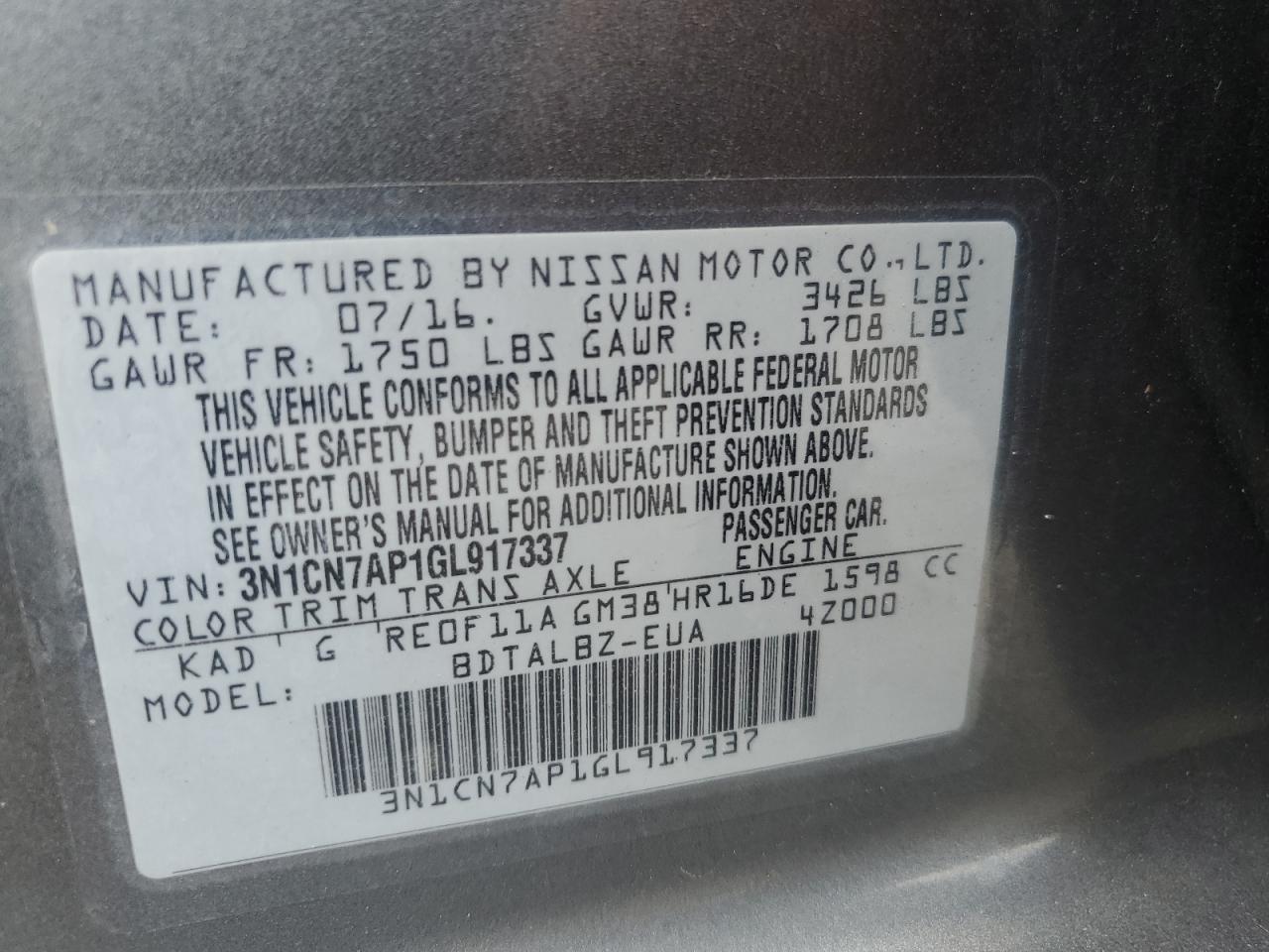 2016 Nissan Versa S VIN: 3N1CN7AP1GL917337 Lot: 62523615