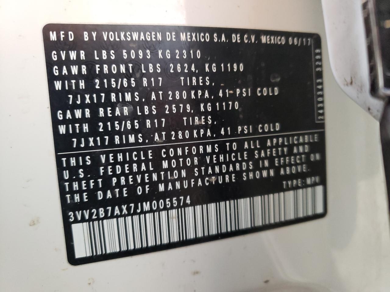 2018 Volkswagen Tiguan Se VIN: 3VV2B7AX7JM005574 Lot: 63656435