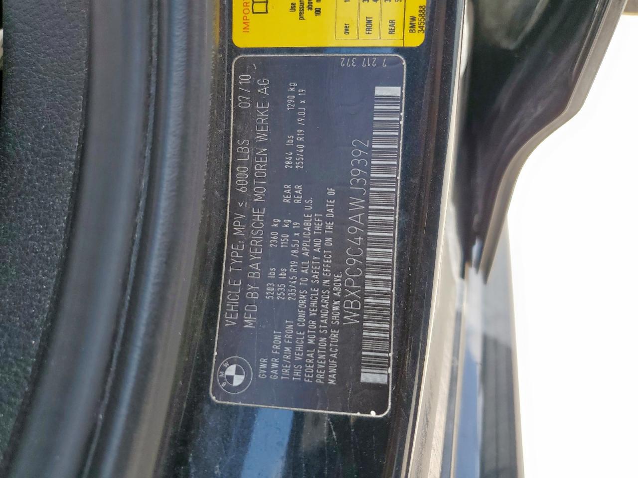 2010 BMW X3 xDrive30I VIN: WBXPC9C49AWJ39392 Lot: 63454375