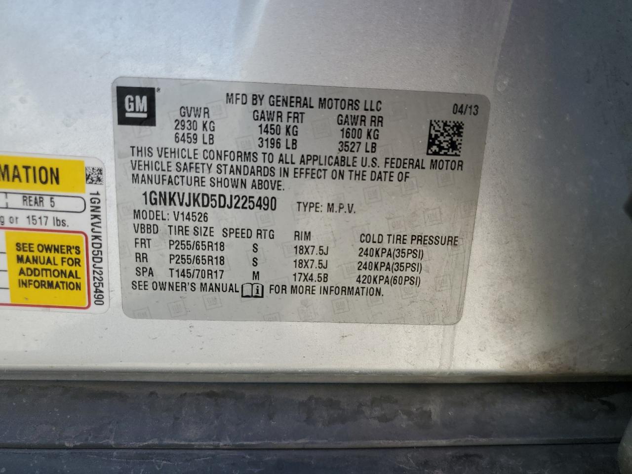 2024 Chevrolet Traverse Lt VIN: 1GNKVJKD5DJ225490 Lot: 64645495
