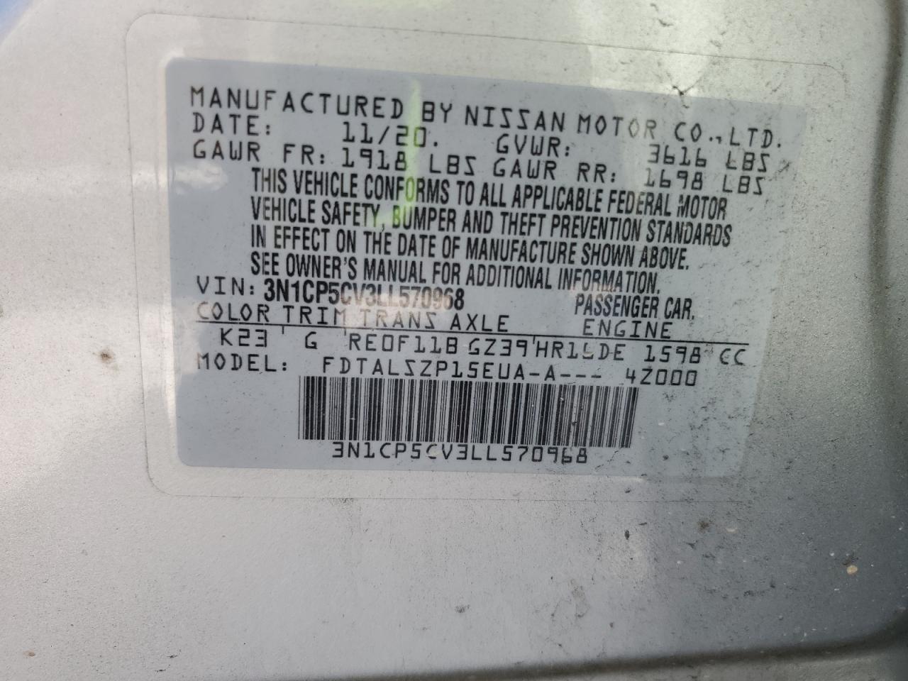 2020 Nissan Kicks Sv VIN: 3N1CP5CV3LL570968 Lot: 63702755