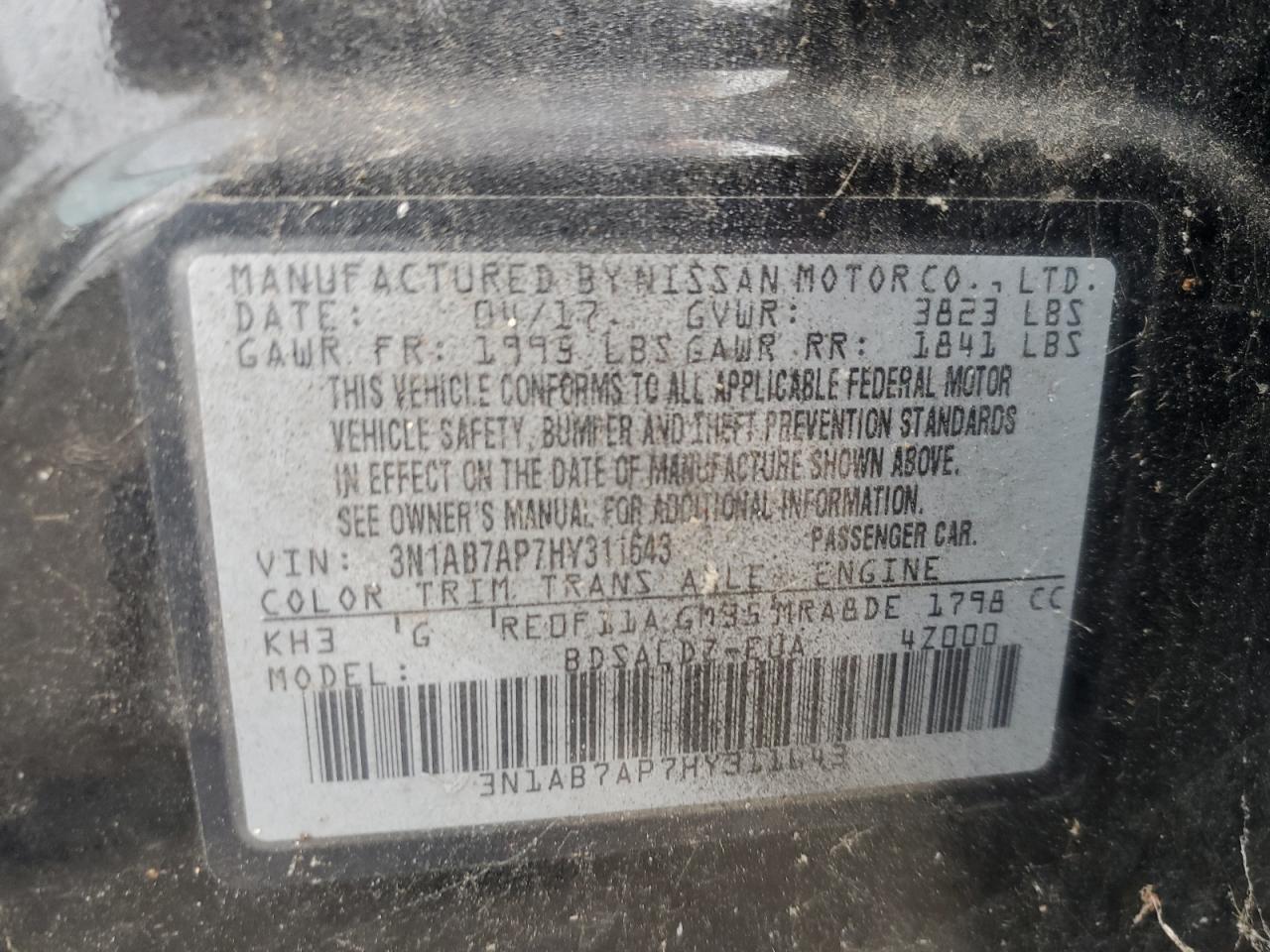 2017 Nissan Sentra S VIN: 3N1AB7AP7HY311643 Lot: 64843235