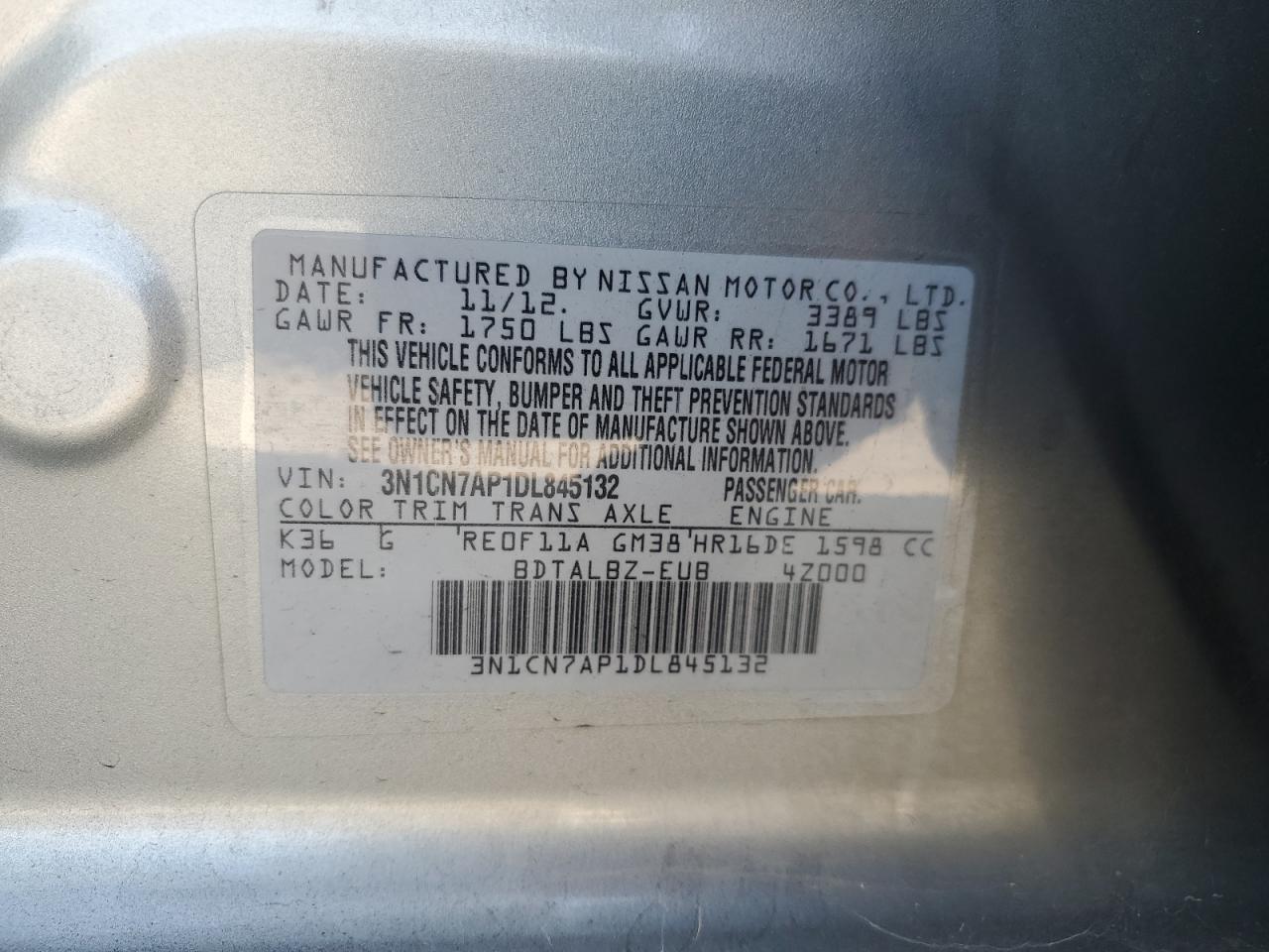 2013 Nissan Versa S VIN: 3N1CN7AP1DL845132 Lot: 64803515