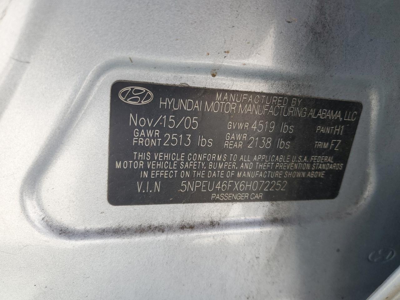 2006 Hyundai Sonata Gls VIN: 5NPEU46FX6H072252 Lot: 65449845