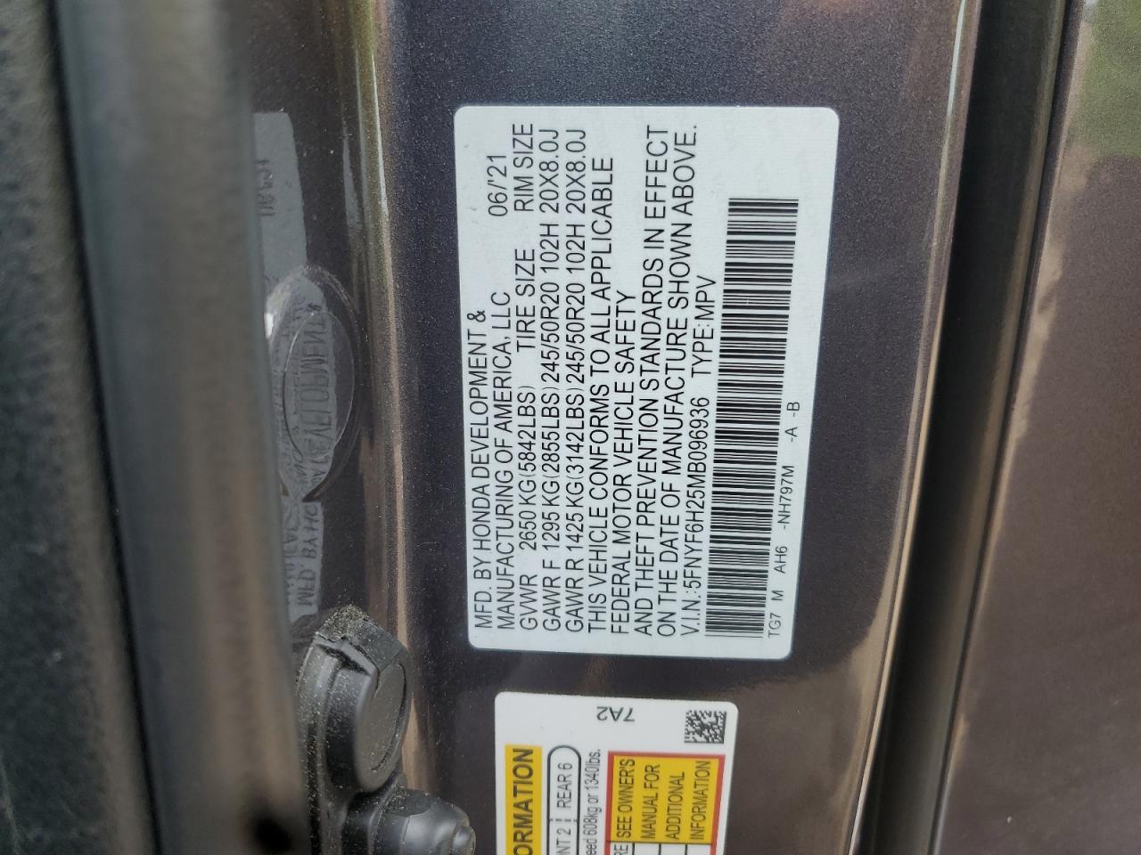 2021 Honda Pilot Se VIN: 5FNYF6H25MB096936 Lot: 63931305