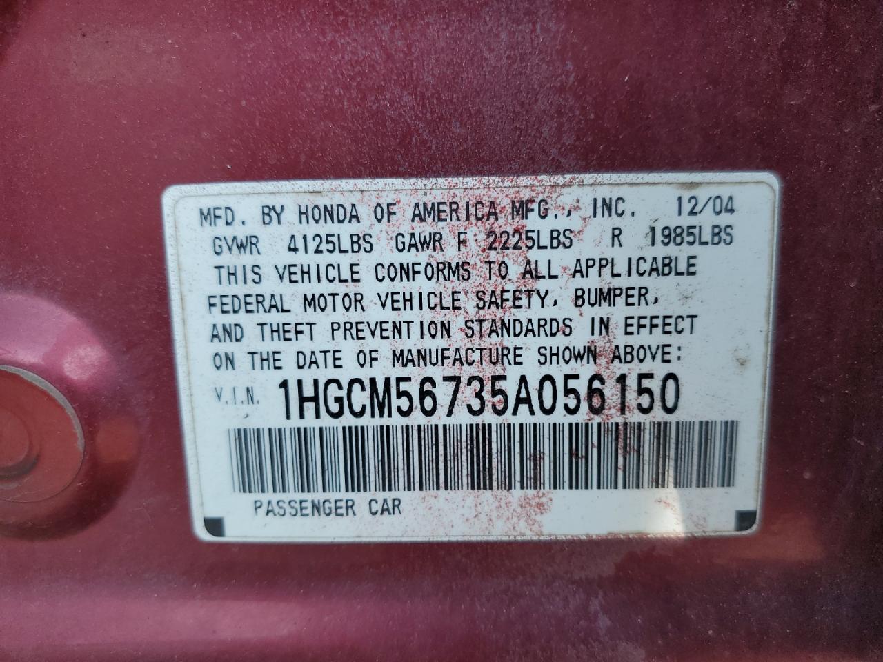 2005 Honda Accord Ex VIN: 1HGCM56735A056150 Lot: 62456765
