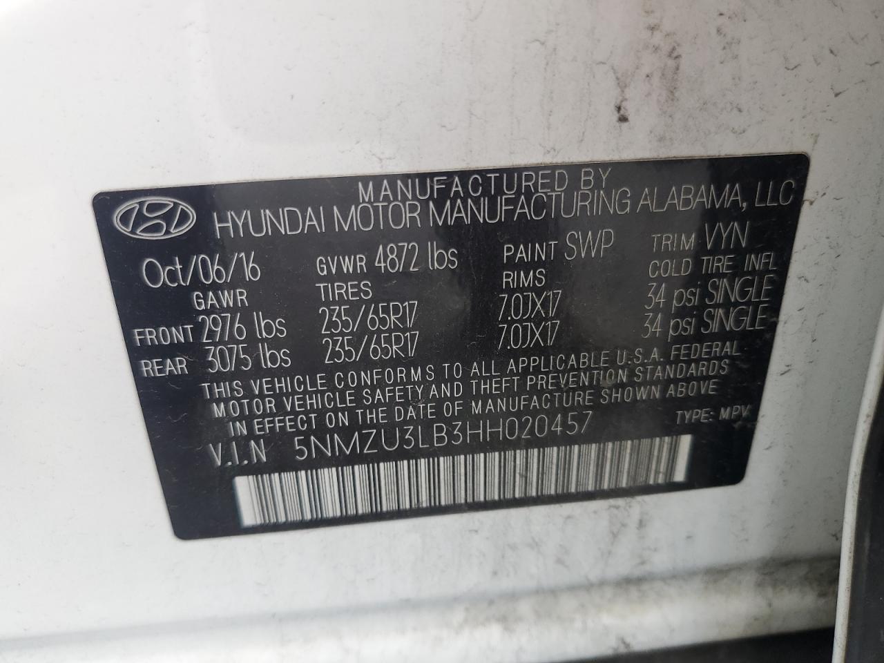 2017 Hyundai Santa Fe Sport VIN: 5NMZU3LB3HH020457 Lot: 64625105