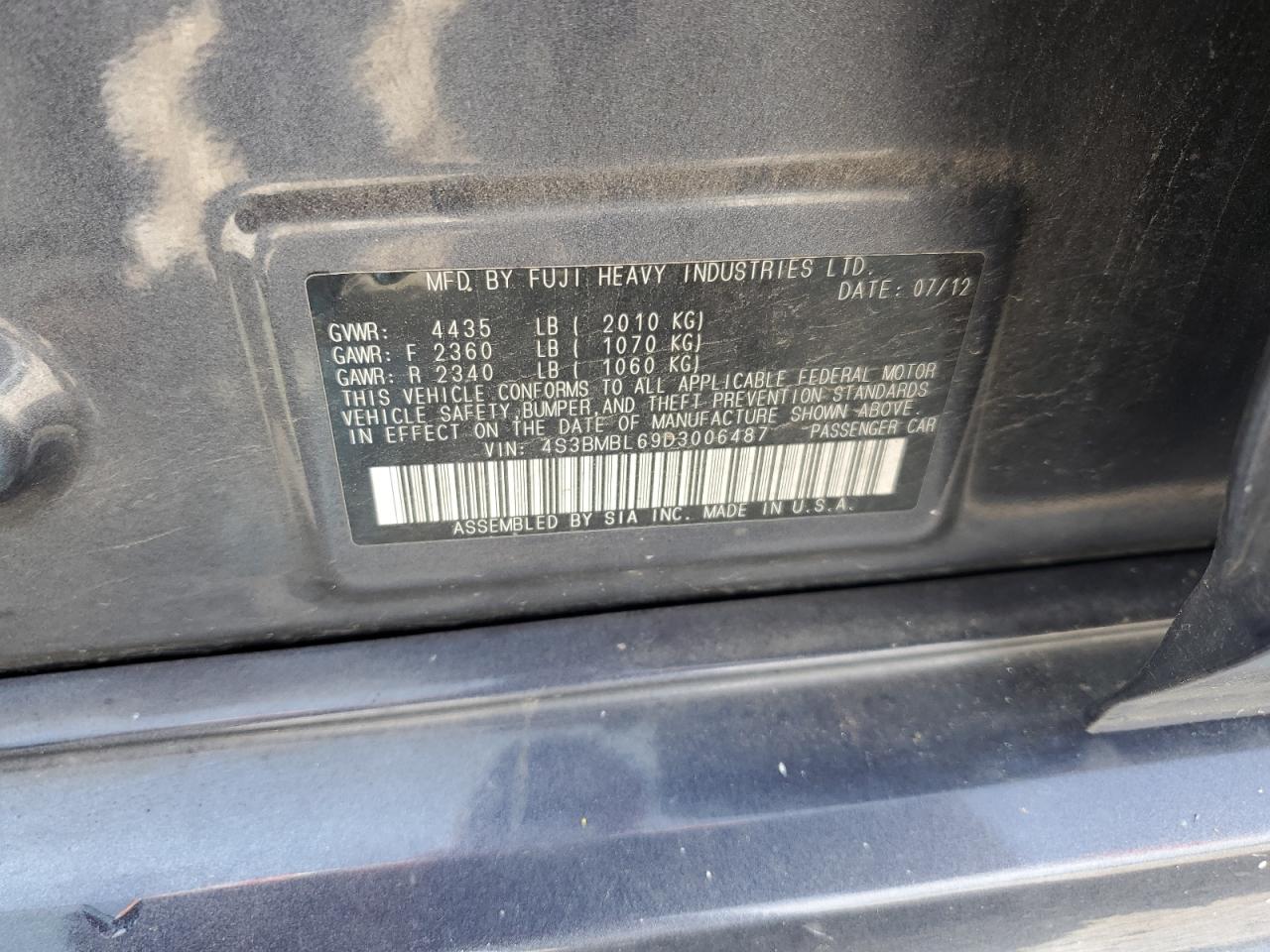 2013 Subaru Legacy 2.5I Limited VIN: 4S3BMBL69D3006487 Lot: 65326785