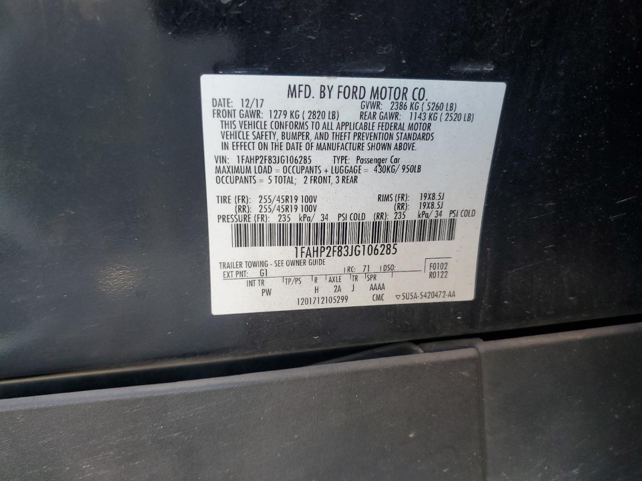 2018 Ford Taurus Limited VIN: 1FAHP2F83JG106285 Lot: 63436935