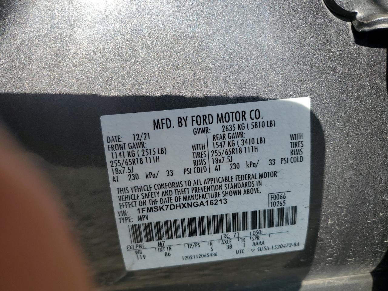2022 Ford Explorer Xlt VIN: 1FMSK7DHXNGA16213 Lot: 64878425