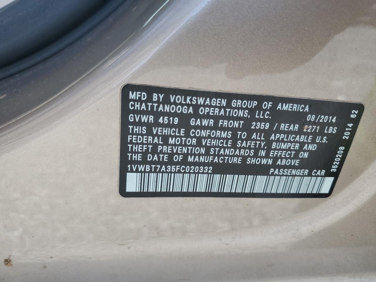 2015 Volkswagen Passat Se VIN: 1VWBT7A35FC020332 Lot: 65147645
