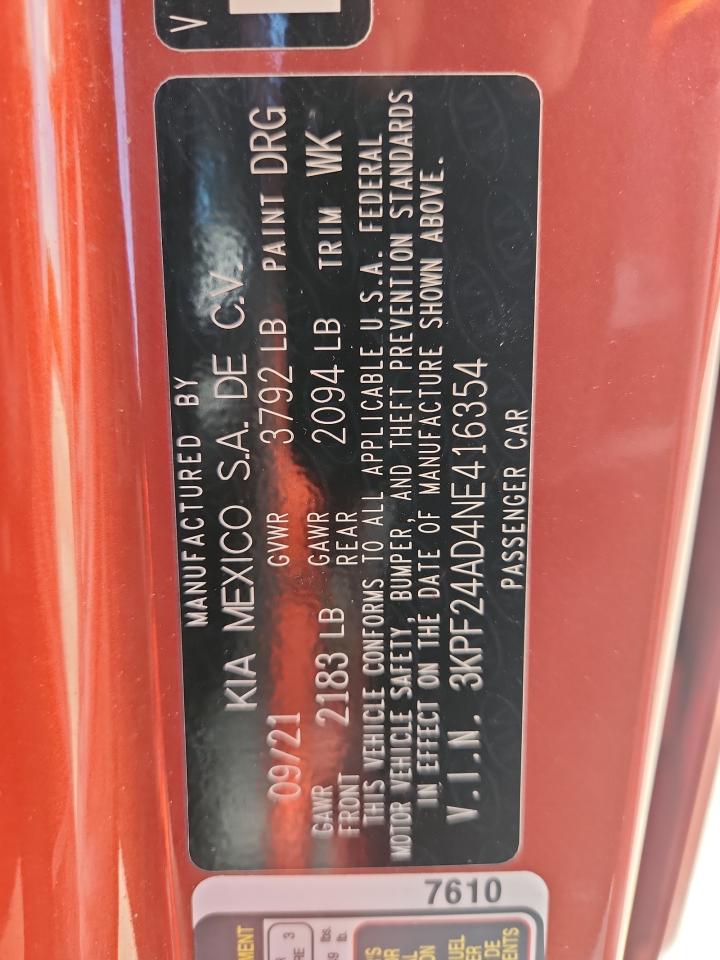 2022 Kia Forte Fe VIN: 3KPF24AD4NE416354 Lot: 65085555