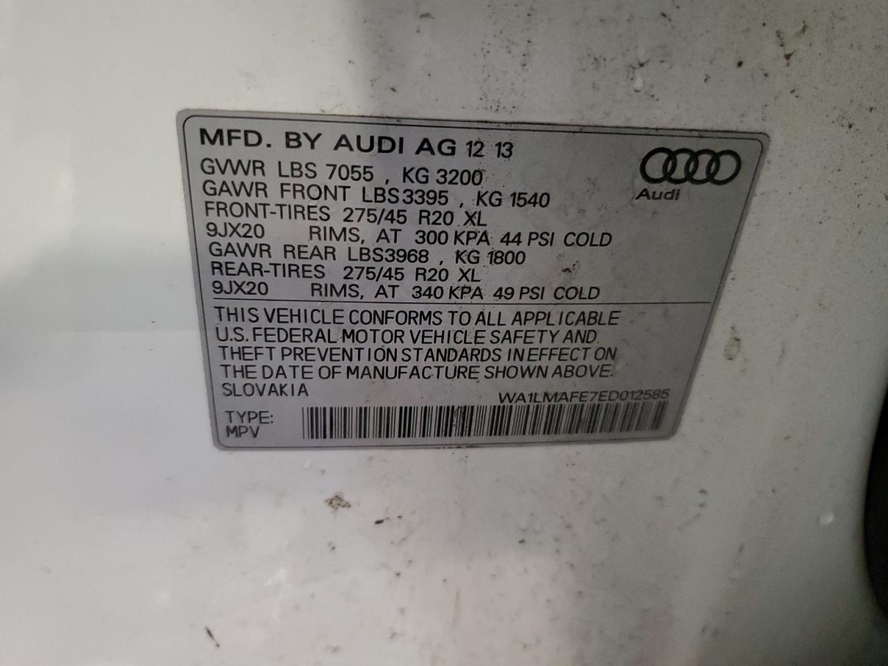 2014 Audi Q7 Premium Plus VIN: WA1LMAFE7ED012585 Lot: 63301045