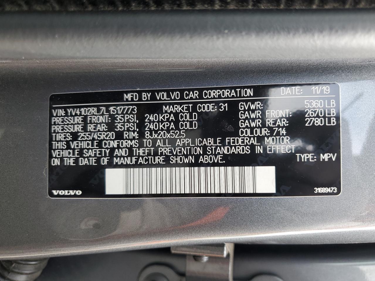2020 Volvo Xc60 T5 Inscription VIN: YV4102RL7L1517773 Lot: 63320545
