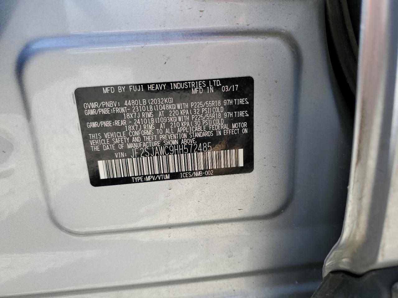 2017 Subaru Forester 2.5I Touring VIN: JF2SJAWC9HH572485 Lot: 64457665