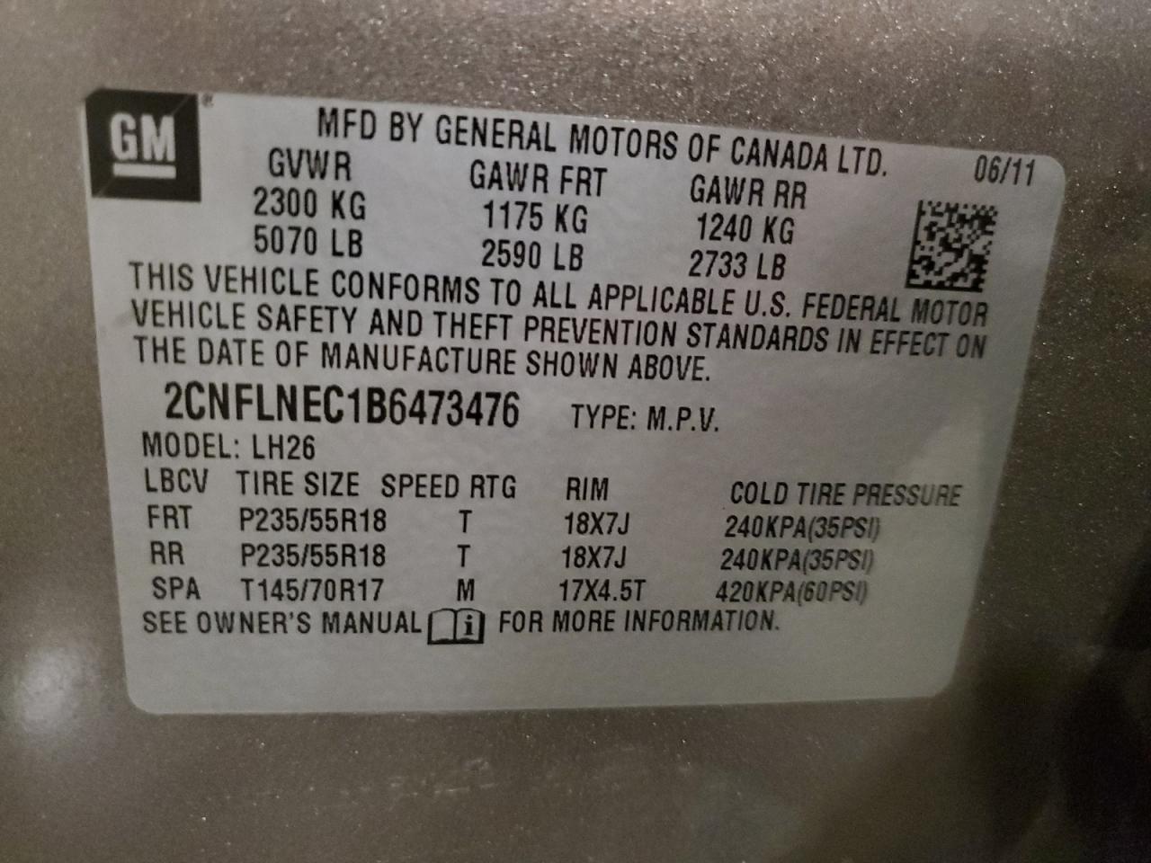 2011 Chevrolet Equinox Lt VIN: 2CNFLNEC1B6473476 Lot: 63272815