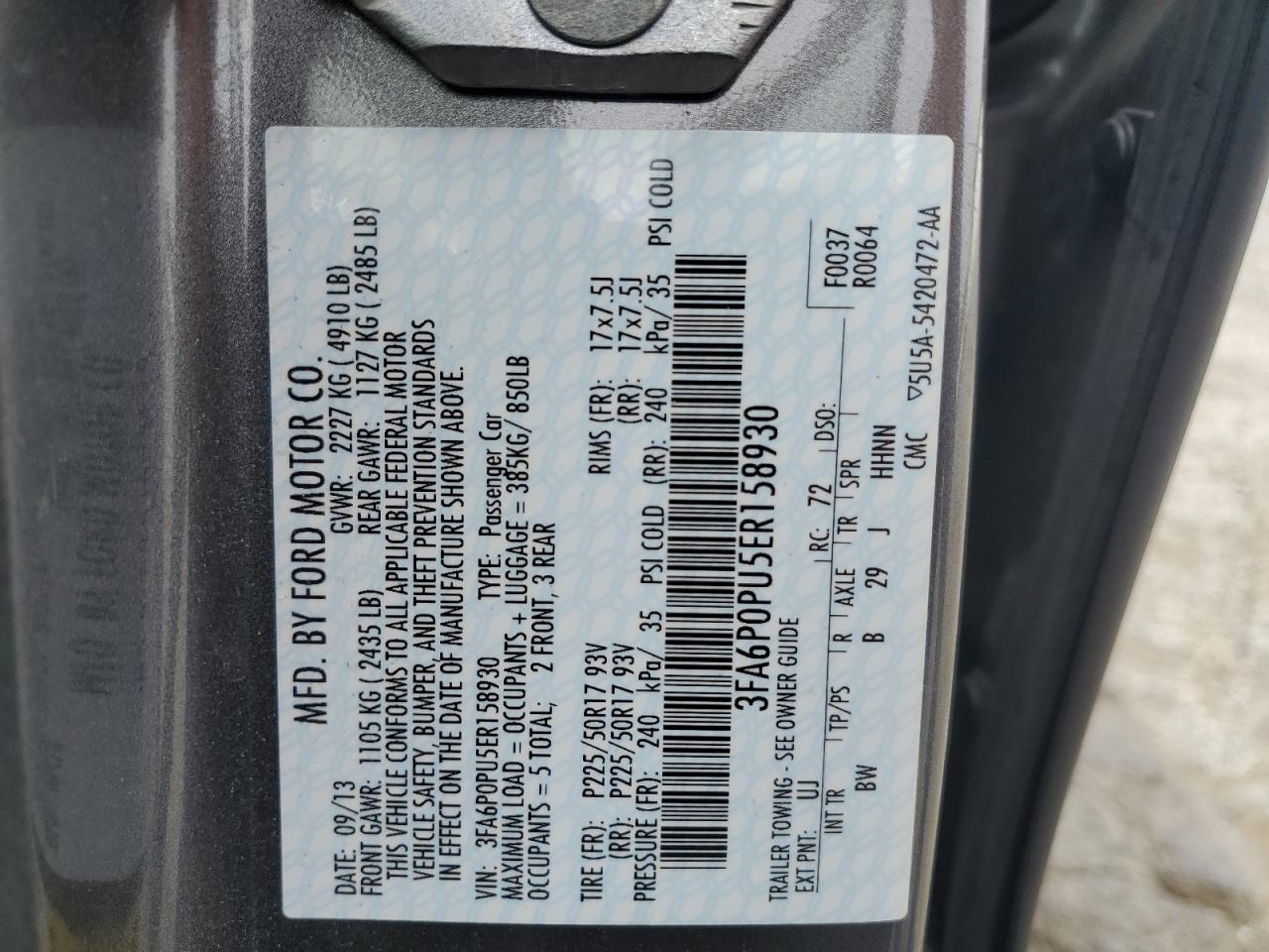 2014 Ford Fusion Se Phev VIN: 3FA6P0PU5ER158930 Lot: 65654785