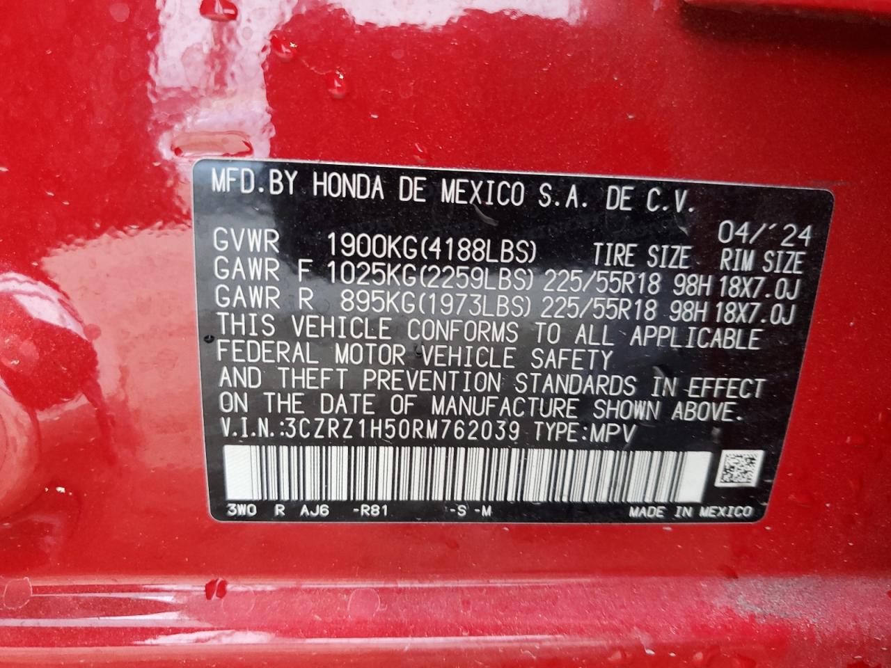 2024 Honda Hr-V Sport VIN: 3CZRZ1H50RM762039 Lot: 62141455