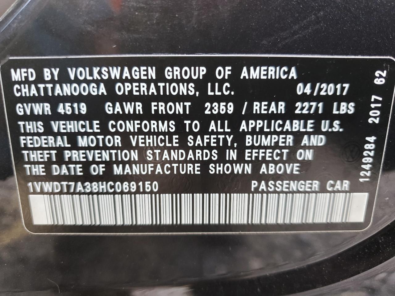 2017 Volkswagen Passat R-Line VIN: 1VWDT7A38HC069150 Lot: 63786245