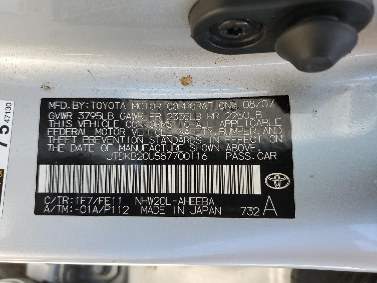 2008 Toyota Prius VIN: JTDKB20U587700116 Lot: 64866215