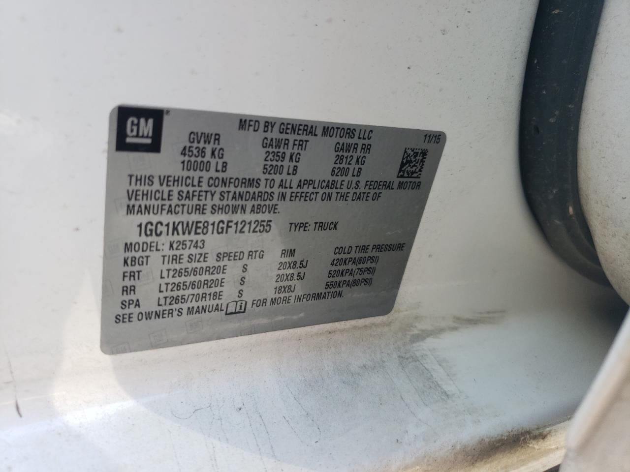 2016 Chevrolet Silverado K2500 Heavy Duty Ltz VIN: 1GC1KWE81GF121255 Lot: 64771205