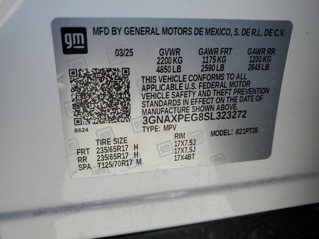 2025 Chevrolet Equinox Lt VIN: 3GNAXPEG8SL323272 Lot: 63731295