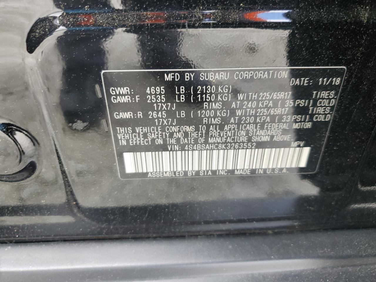 2019 Subaru Outback 2.5I Premium VIN: 4S4BSAHC8K3263552 Lot: 65011085