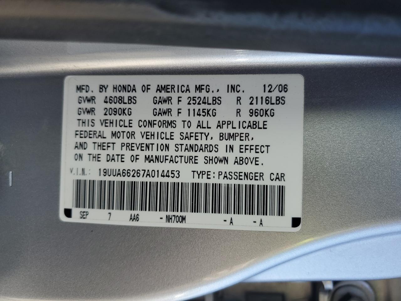 2007 Acura Tl VIN: 19UUA66267A014453 Lot: 66576425