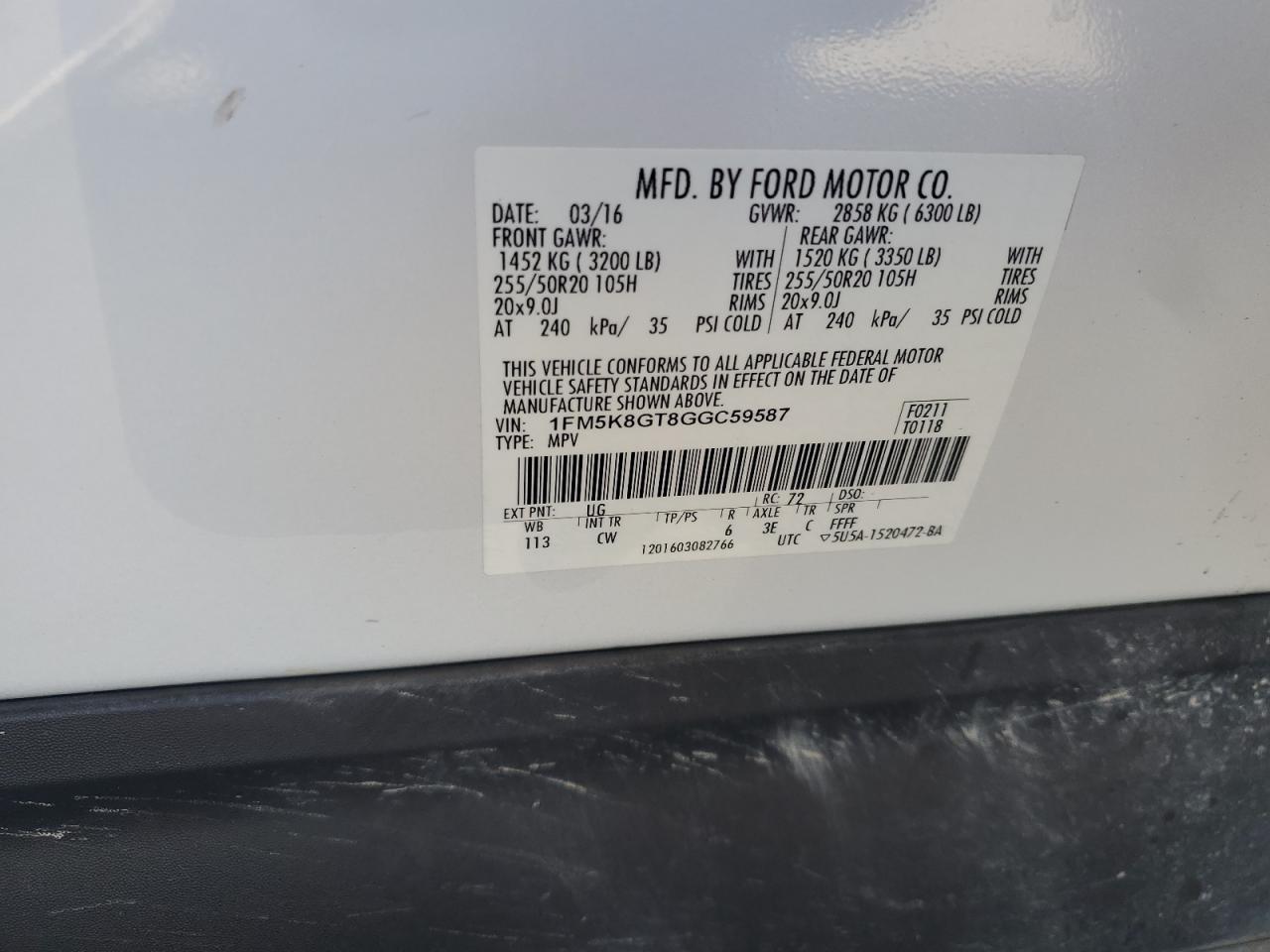 2016 Ford Explorer Sport VIN: 1FM5K8GT8GGC59587 Lot: 64338125