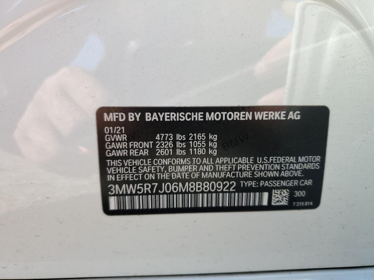 2021 BMW 330Xi VIN: 3MW5R7J06M8B80922 Lot: 65283485