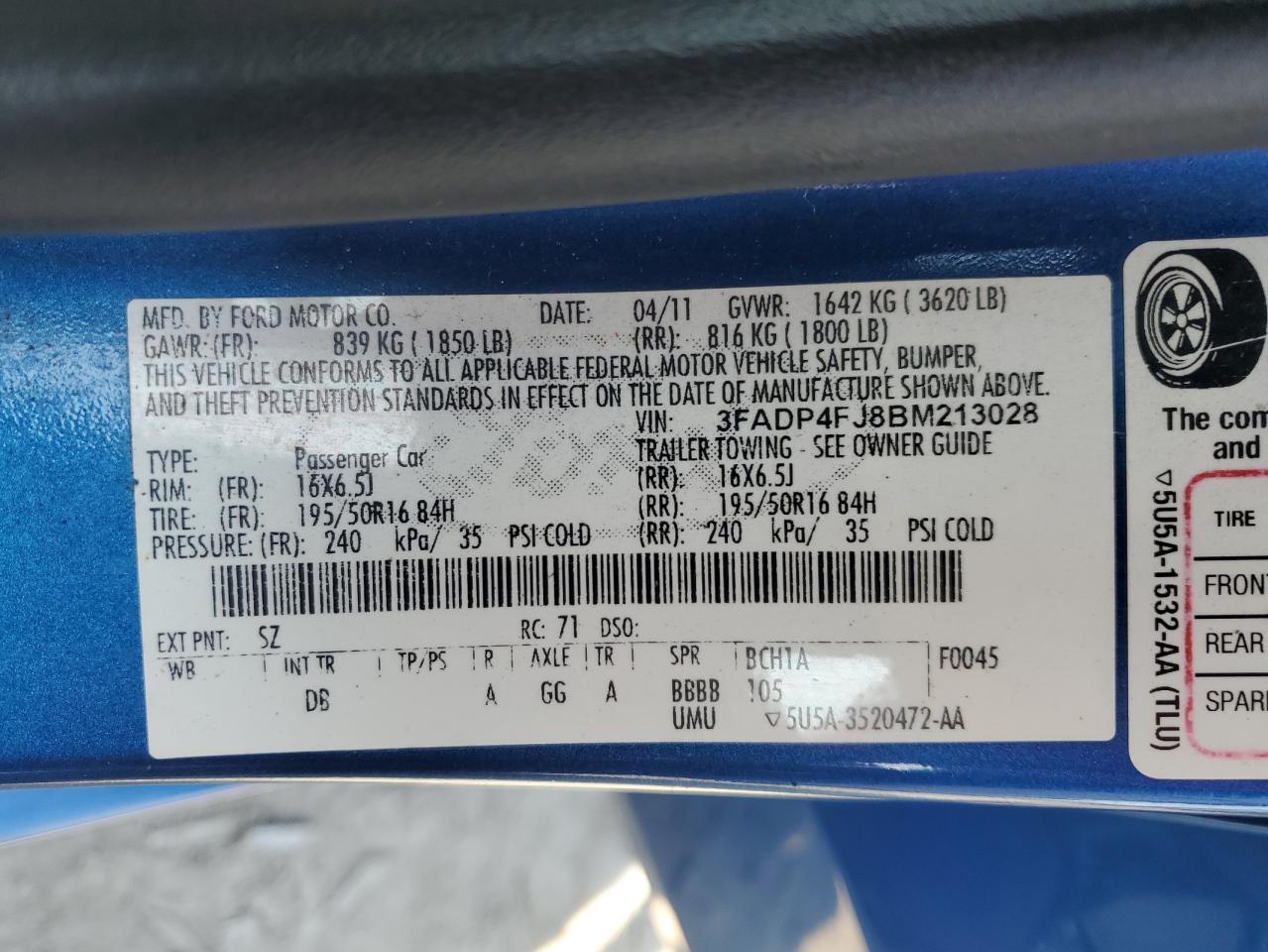 2011 Ford Fiesta Ses VIN: 3FADP4FJ8BM213028 Lot: 64733725