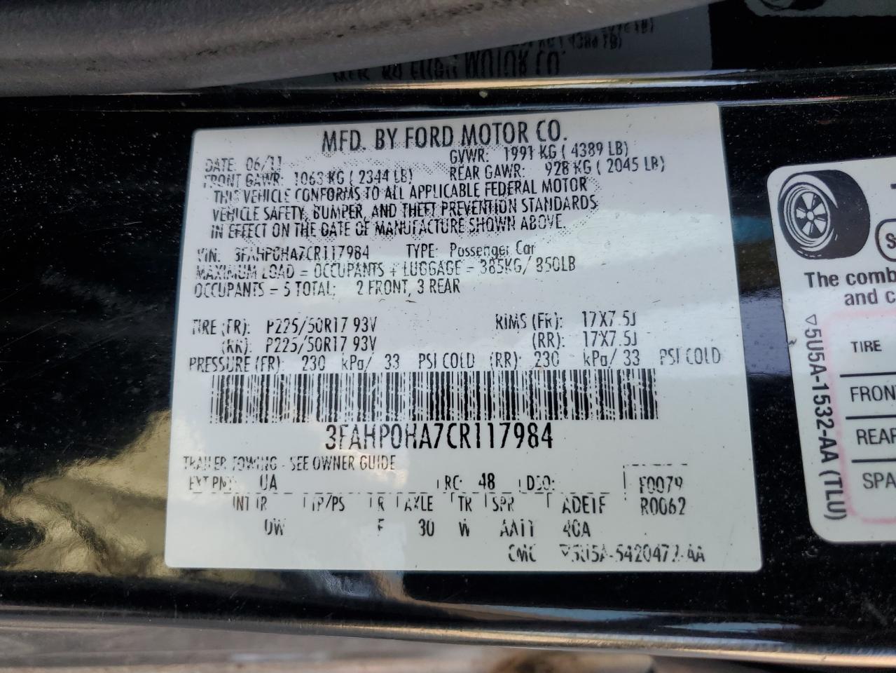 2012 Ford Fusion Se VIN: 3FAHP0HA7CR117984 Lot: 63586035