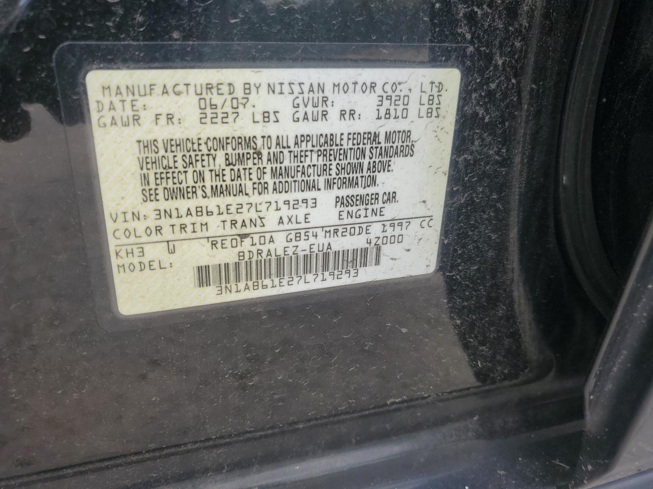 2007 Nissan Sentra 2.0 VIN: 3N1AB61E27L719293 Lot: 64978475