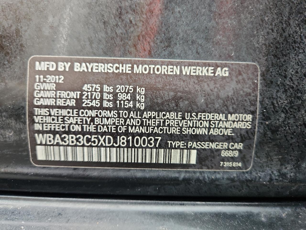 2013 BMW 328 Xi VIN: WBA3B3C5XDJ810037 Lot: 65476965