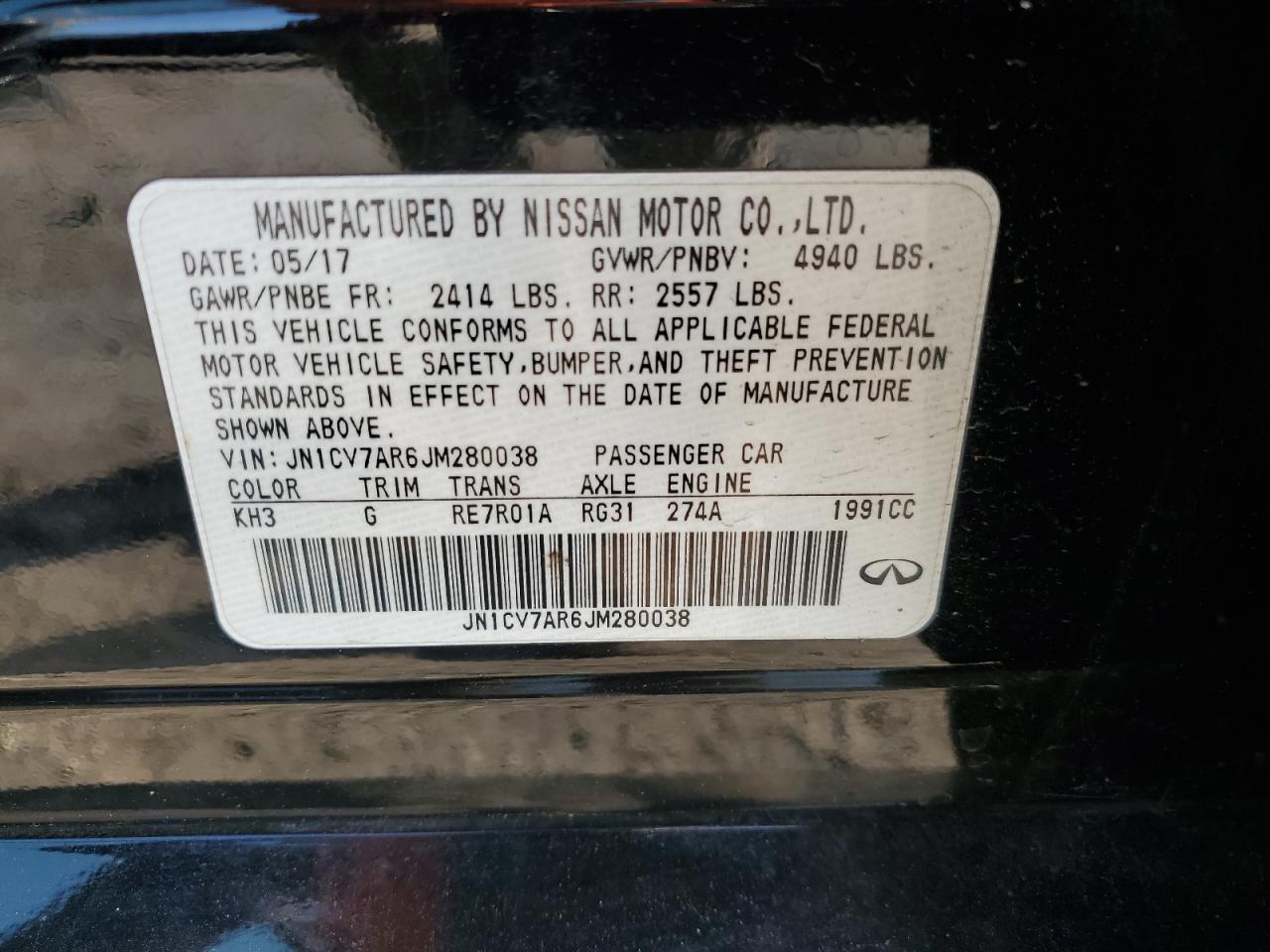 2018 Infiniti Q50 Pure VIN: JN1CV7AR6JM280038 Lot: 65798915