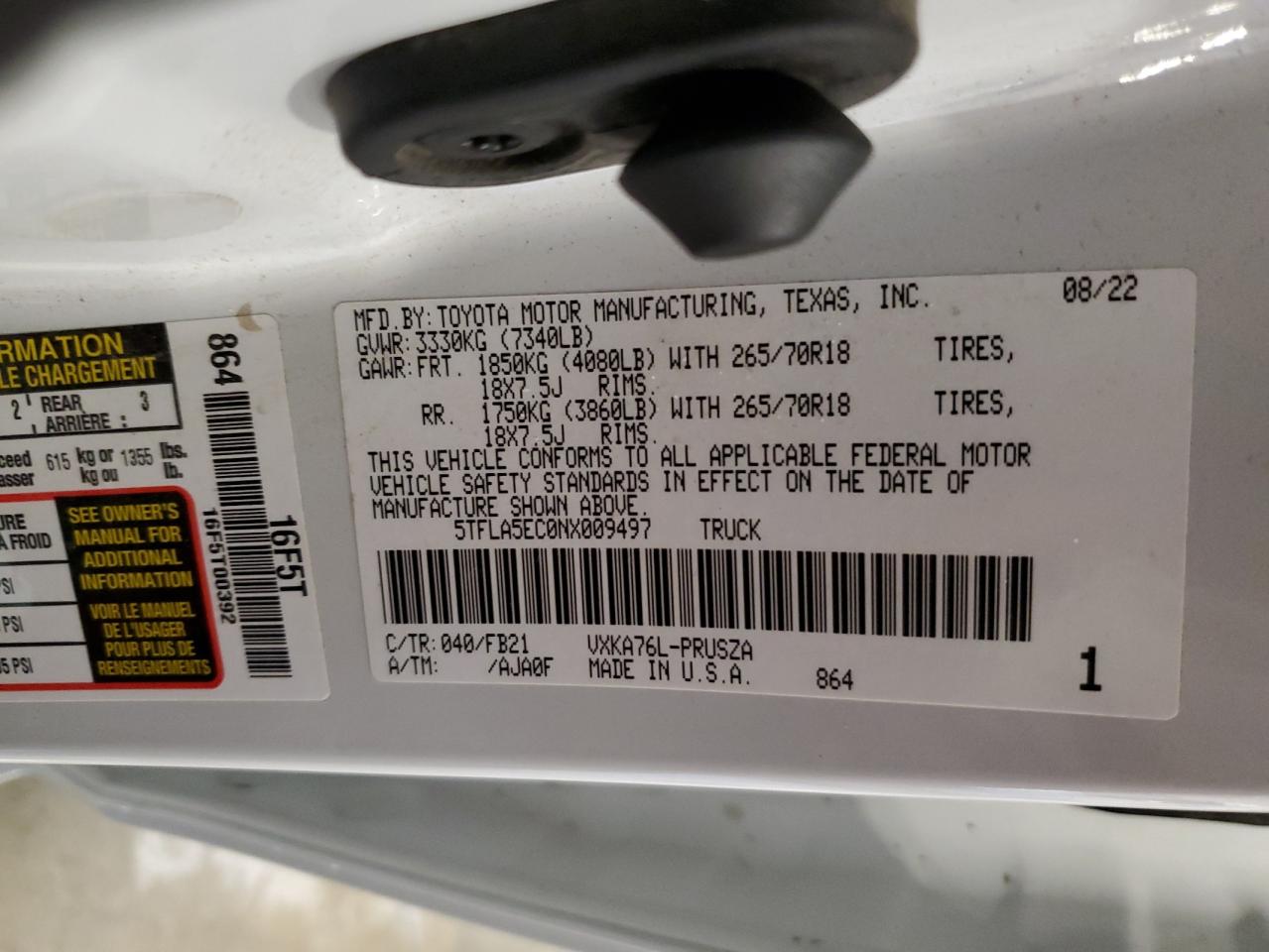 2022 Toyota Tundra Crewmax Sr5 VIN: 5TFLA5EC0NX009497 Lot: 64442775