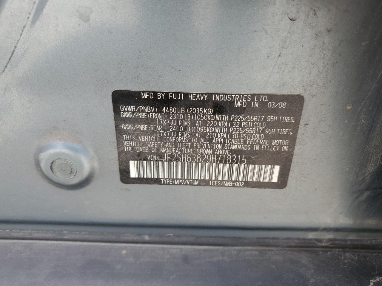 2009 Subaru Forester 2.5X Premium VIN: JF2SH63629H718315 Lot: 62885185