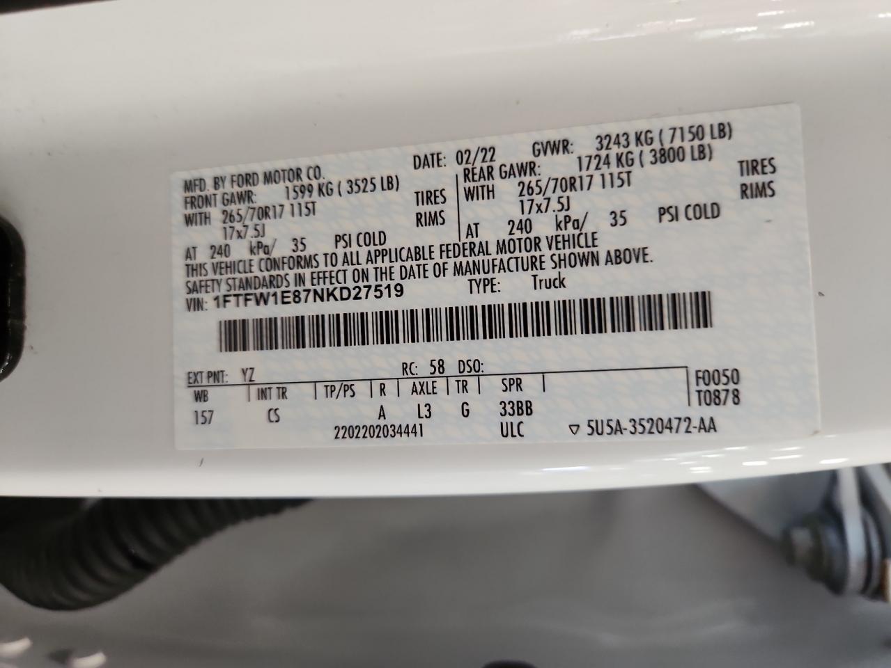 2022 Ford F150 Supercrew VIN: 1FTFW1E87NKD27519 Lot: 66223255