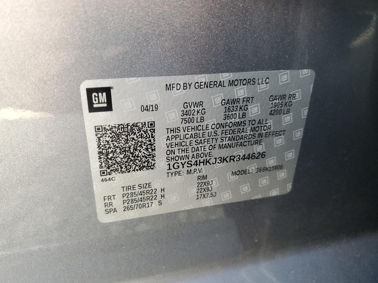 2019 Cadillac Escalade Esv Luxury VIN: 1GYS4HKJ3KR344626 Lot: 64810065