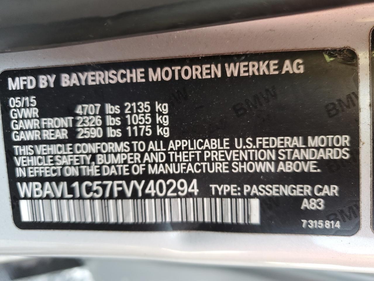 2015 BMW X1 xDrive28I VIN: WBAVL1C57FVY40294 Lot: 64833085