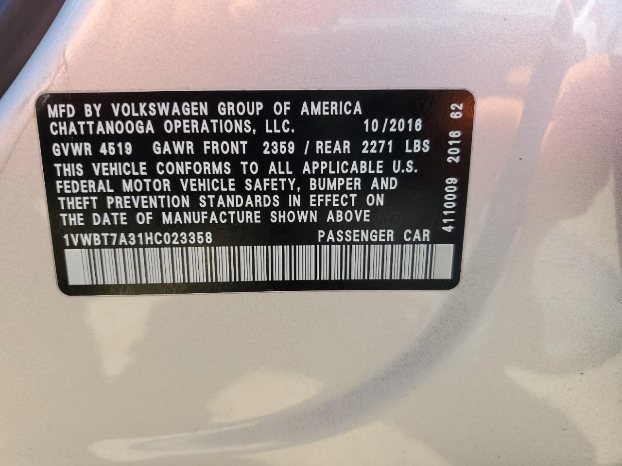 2017 Volkswagen Passat Se VIN: 1VWBT7A31HC023358 Lot: 63456145