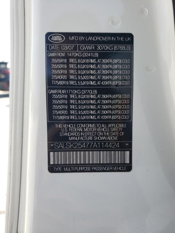 2007 Land Rover Range Rover Sport Hse VIN: SALSK25477A114424 Lot: 63416645