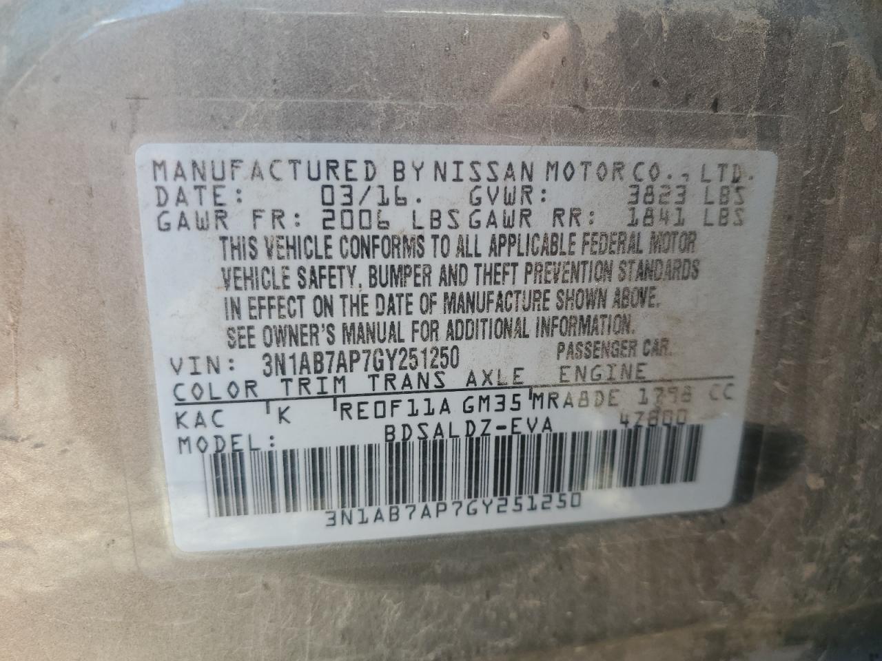 2016 Nissan Sentra S VIN: 3N1AB7AP7GY251250 Lot: 63148625