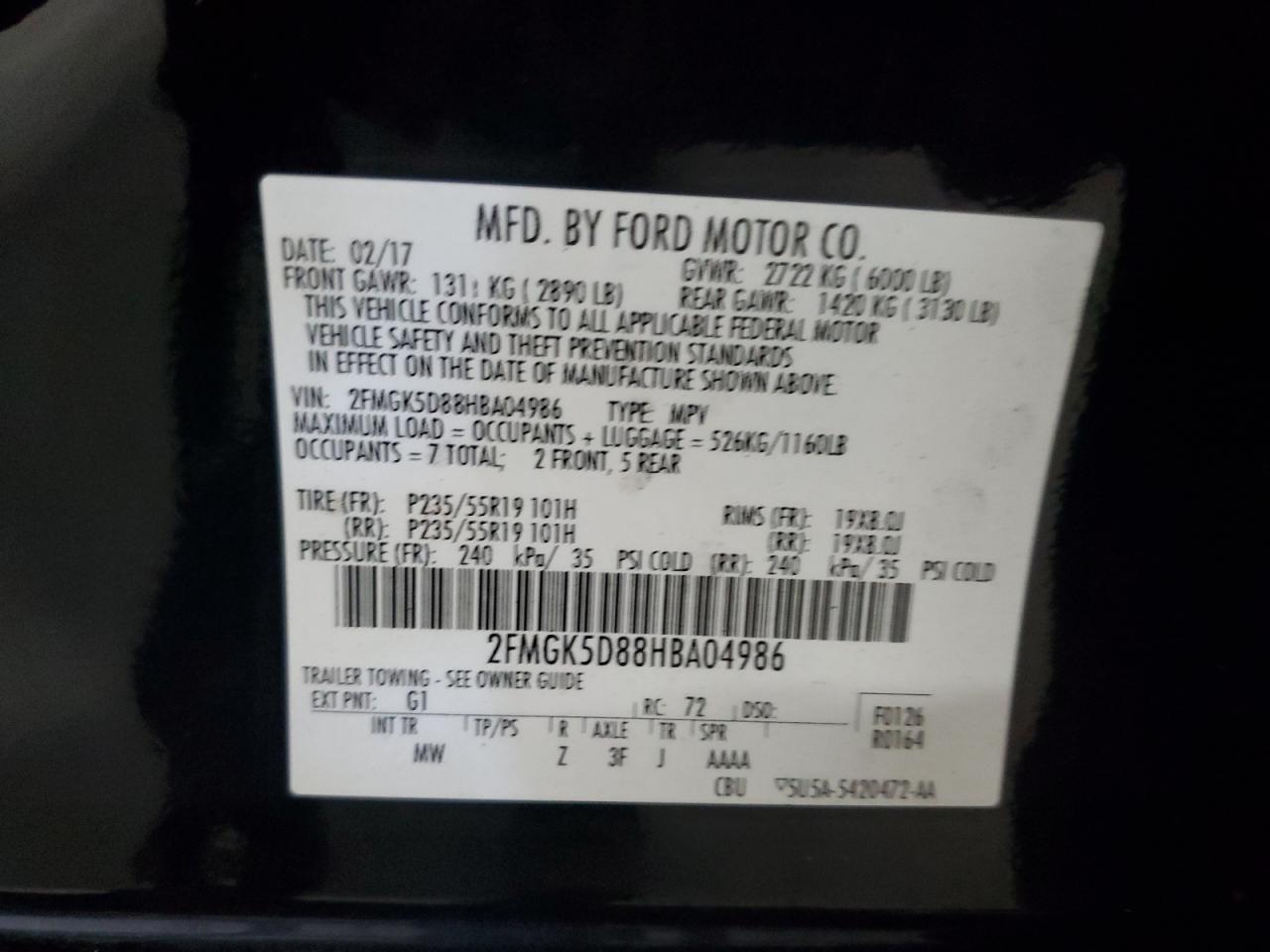 2017 Ford Flex Limited VIN: 2FMGK5D88HBA04986 Lot: 63210775