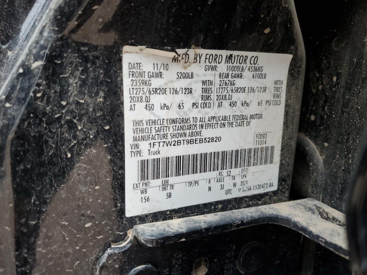 2011 Ford F250 Super Duty VIN: 1FT7W2BT9BEB52820 Lot: 65074825