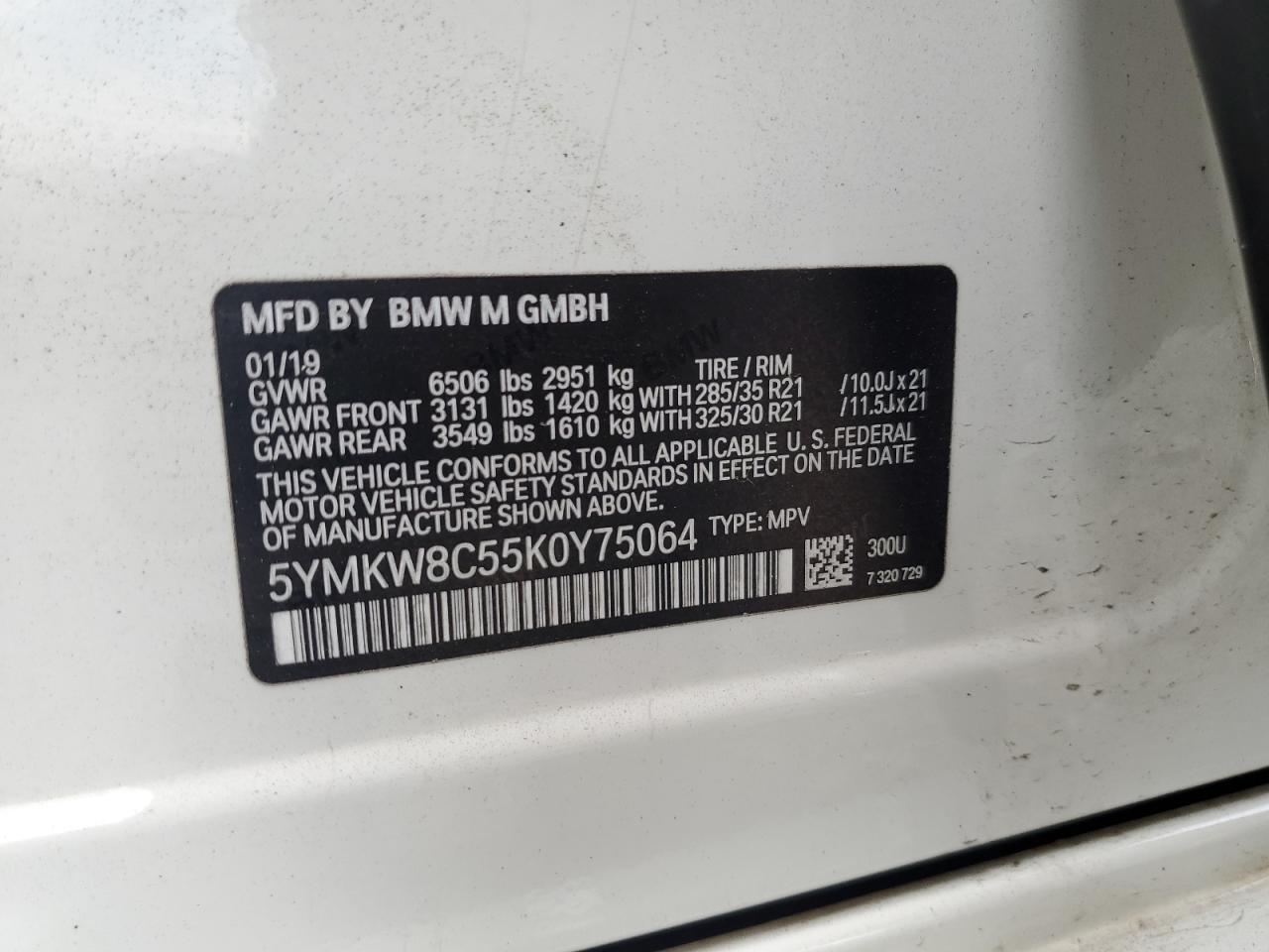 2019 BMW X6 M VIN: 5YMKW8C55K0Y75064 Lot: 62724255