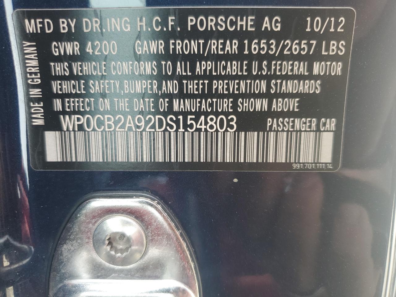 2013 Porsche 911 Carrera S VIN: WP0CB2A92DS154803 Lot: 63741915