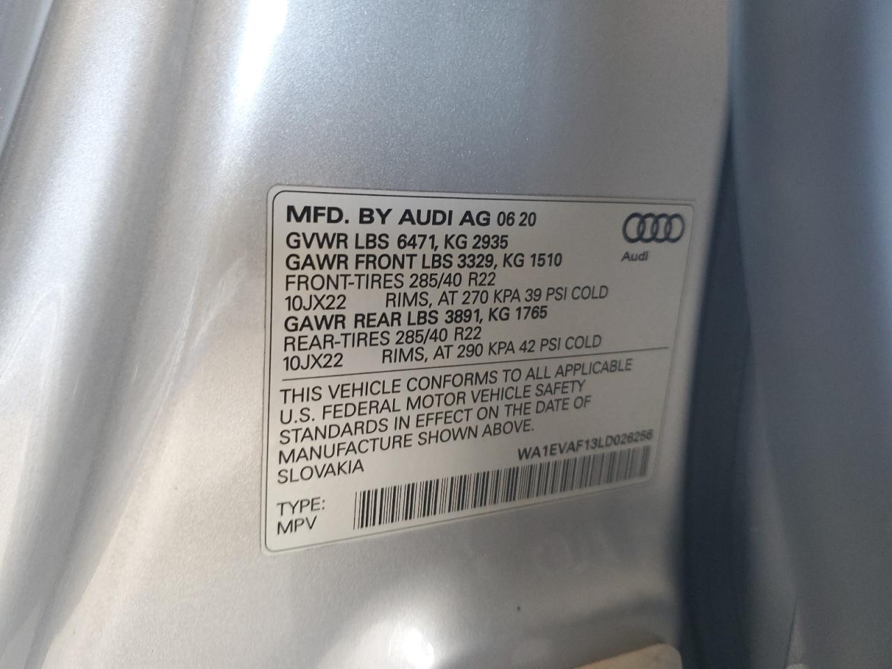 2020 Audi Q8 Premium Plus S-Line VIN: WA1EVAF13LD026256 Lot: 64172555